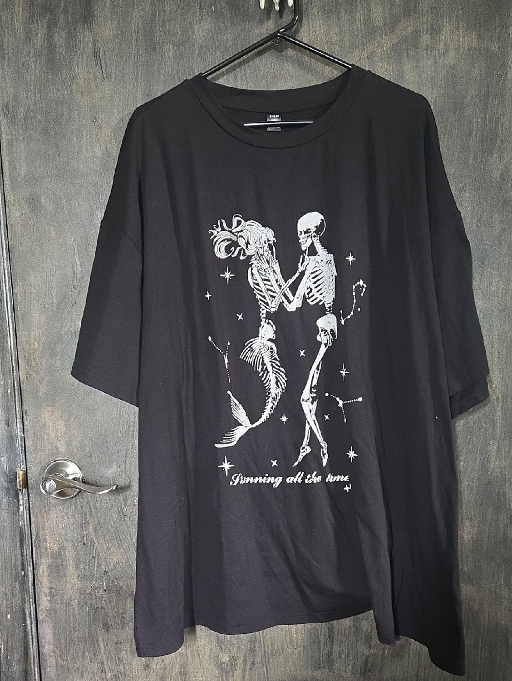 SHEIN Black Short Sleeve Tee with White Skeleton Mermaid Graphic